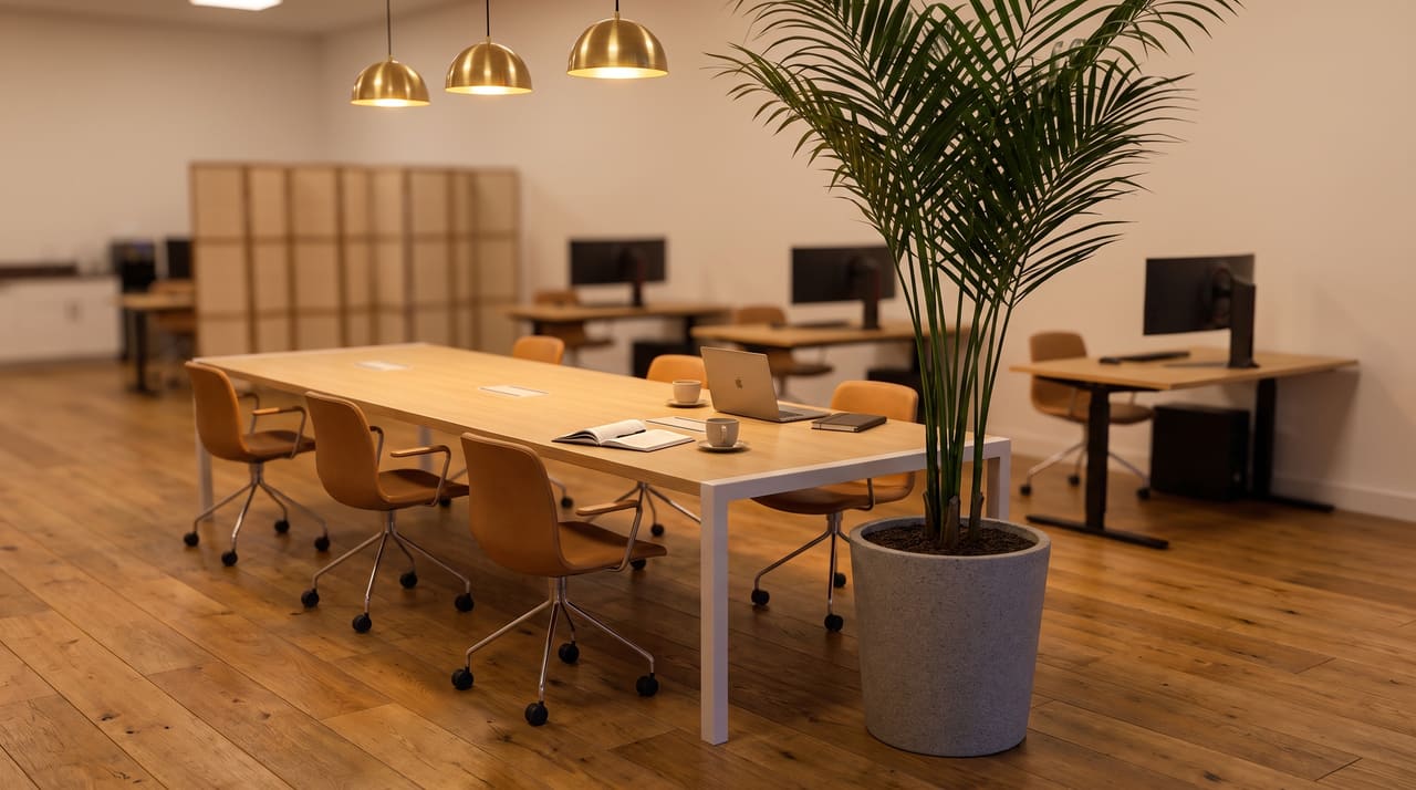 The shared table under brass pendants: caramel chairs, open notebooks and coffee cups mid-conversation, the desk rows a few steps away.