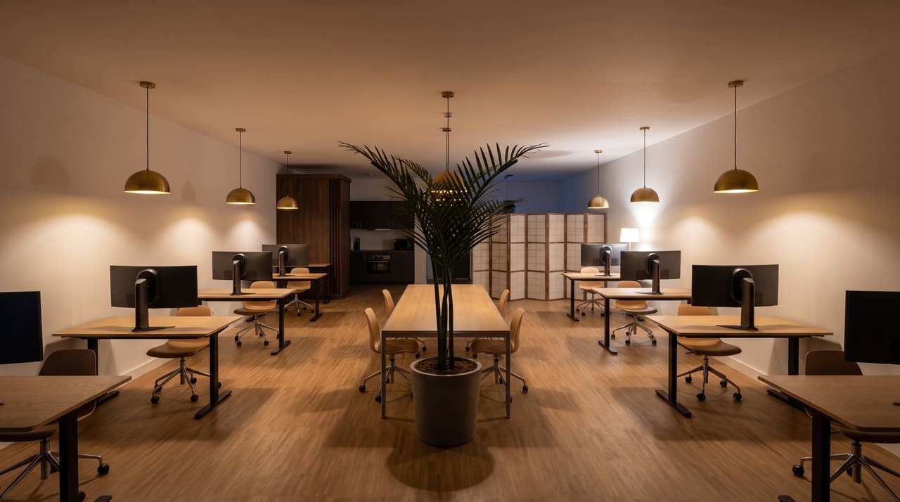 The floor at 1 AM: brass pendants glowing low over the oak desks and caramel chairs, the room dim and quiet down to the shoji screens.